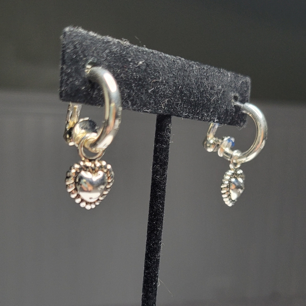 Sunstone Imports Sterling Silver Chunky Omega Back Hoops w/Dangle Heart Charm